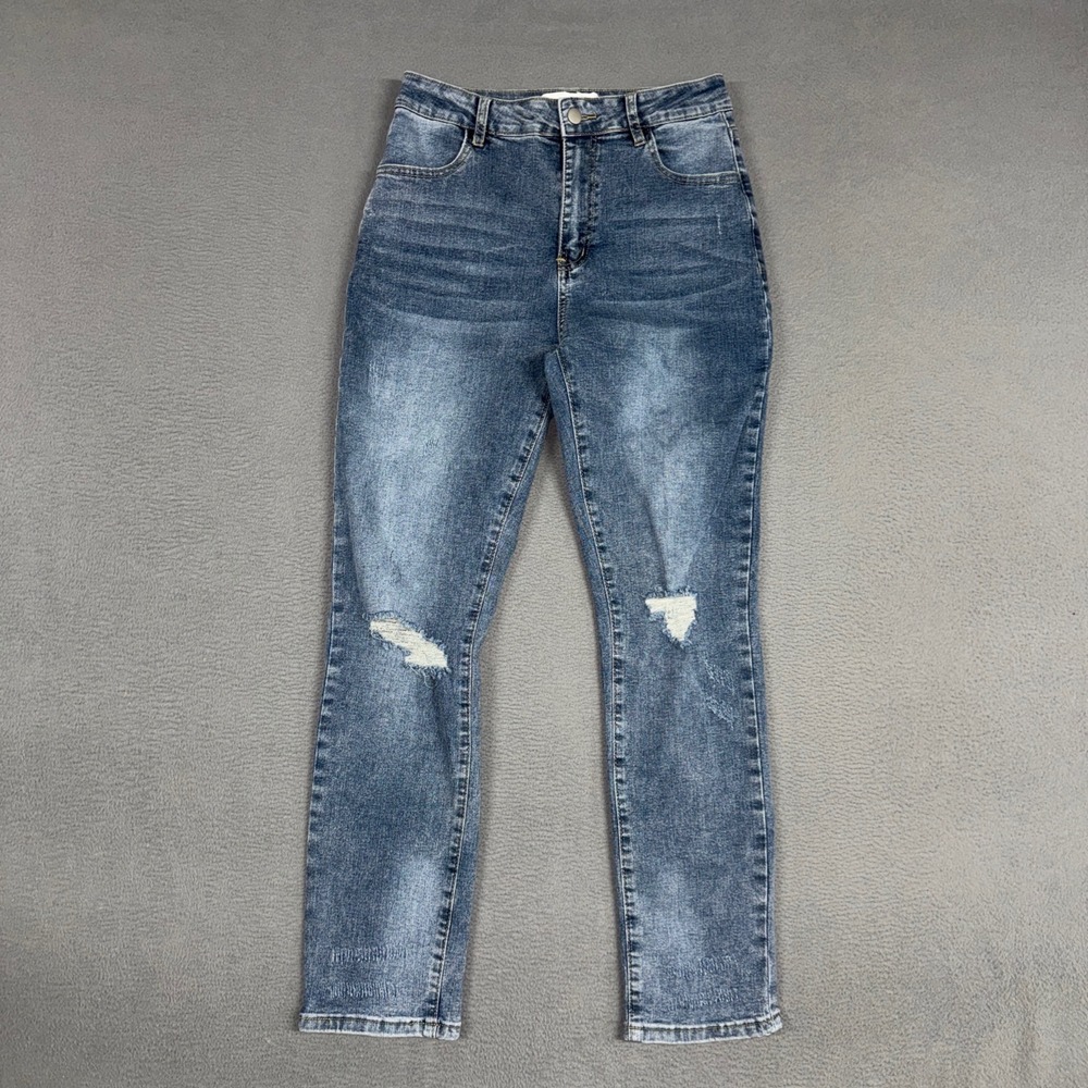 Fashion Nova Jeans Womens 11 Blue Slim Straight Leg Distressed Denim Beg For Me